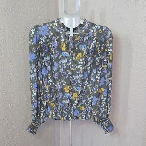 Rachel Zoe Floral Blouse - Gray with Blue and Yellow